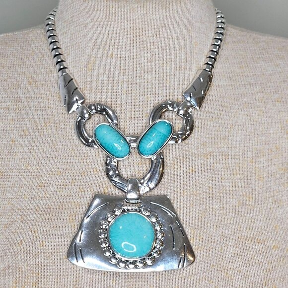 Navajo Style Statement Necklace Faux Turquoise Silvertone 20" Long Boho - Picture 1 of 7